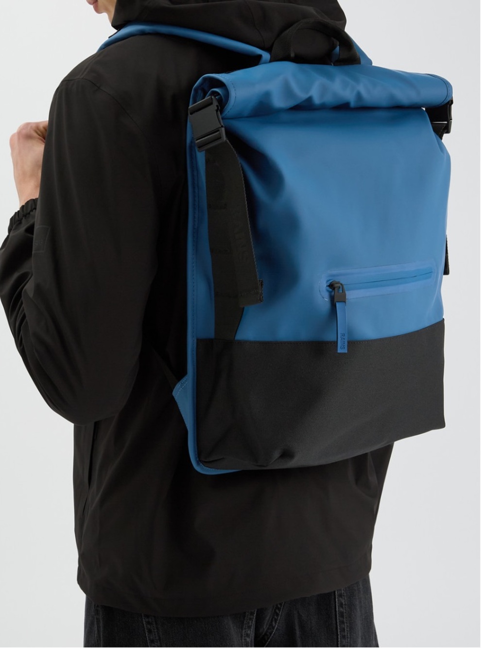 NWT RAINS Trail Roll-Top Backpack W3 Waterproof Color is Blue with Black Accents - Picture 3 of 12